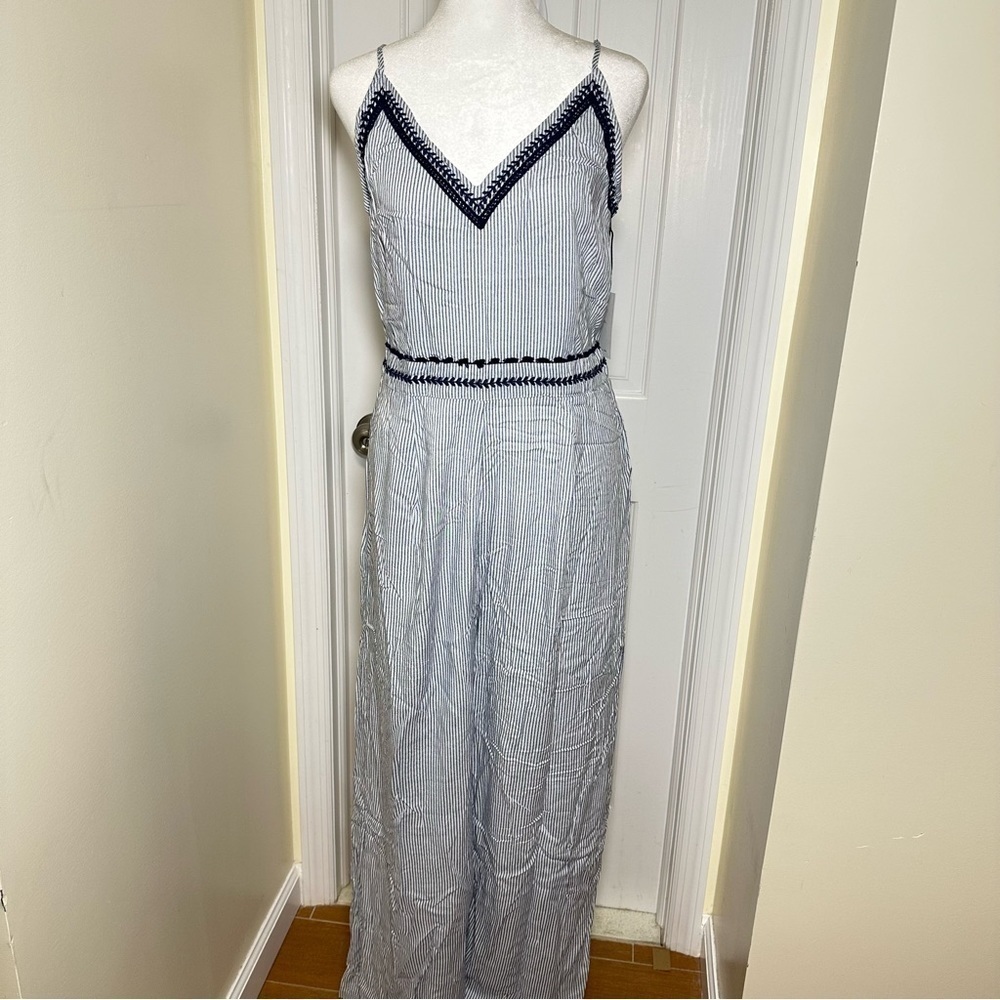 NWT Japna Blue White Embroidered Striped Lined Sleeveless Wide Leg Jumpsuit XL